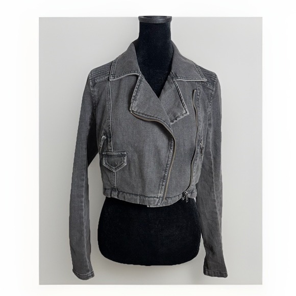 Free People Cropped Moto Jean Jacket Faded Black Cropped Size XS Full Zip Pocket - Picture 2 of 9